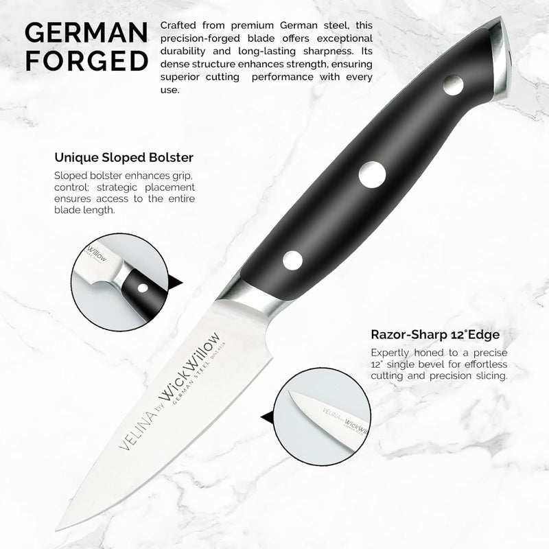 WICKWILLOW 3.5" Paring Knife – Razor Sharp German Steel DIN1.4116 – Precision Fruit & Vegetable Knife for Peeling & Trimming – Full Tang & Ergonomic Handle – Gift Box – Velina Series - Image 4